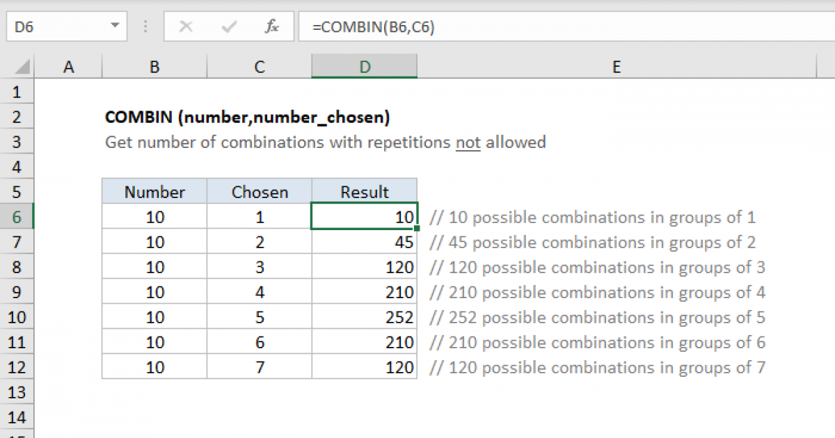 Excel COMBIN function Exceljet